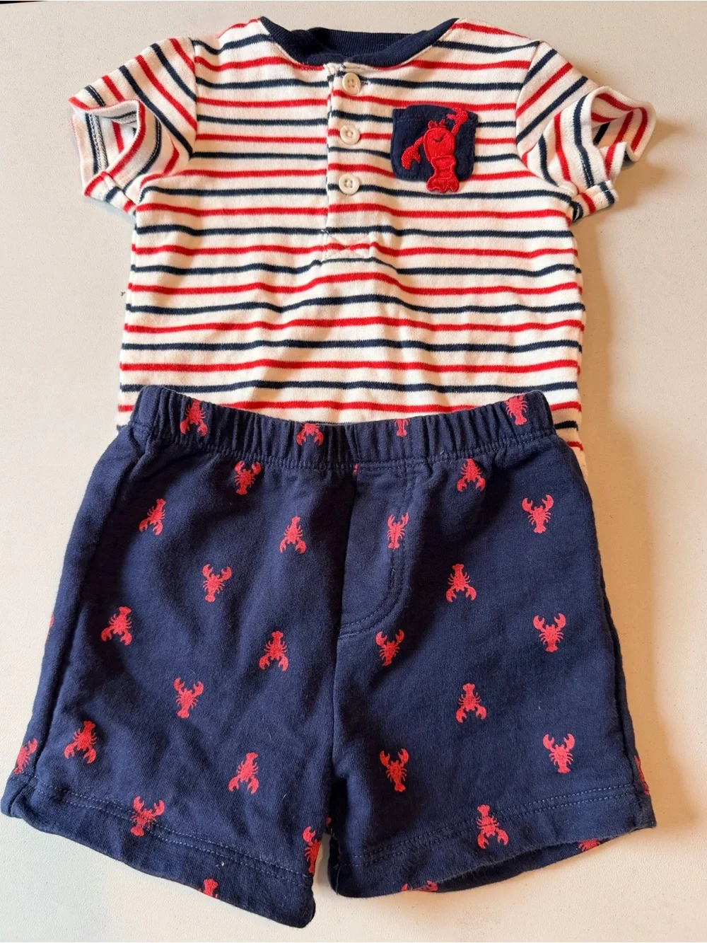Little Me Baby 6M 2-Piece Lobster Outfit Striped Bodysuit Navy Shorts Nautical